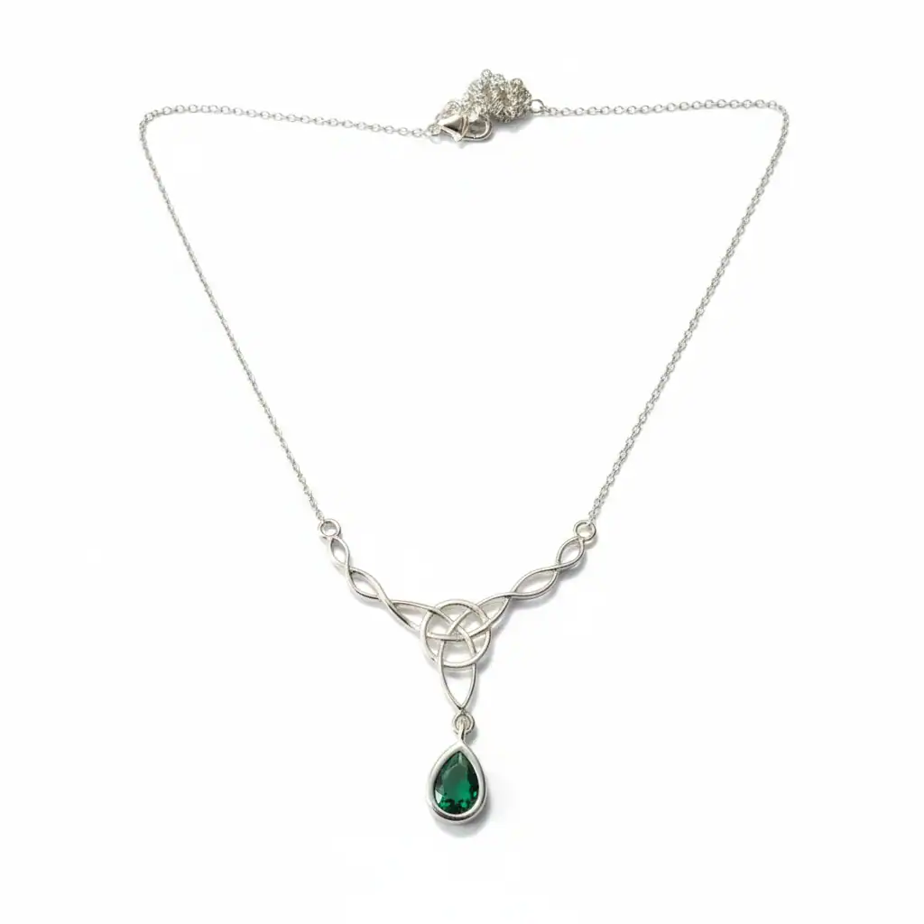 Sterling Silver Celtic Knot Necklet with Green Dropper - Irish Gifts - Image 1