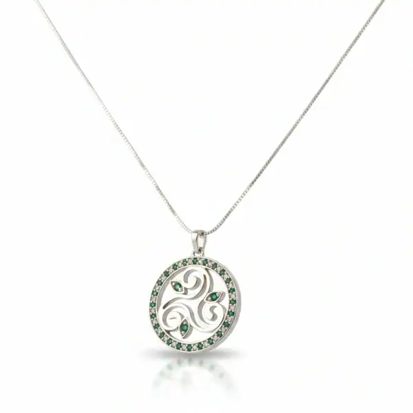 Sterling Silver Round Triskele Pendant with Green & White CZ - Irish Gifts