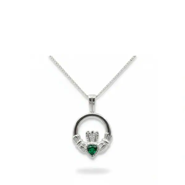 Sterling Silver Claddagh Pendant with Green CZ Stone - Irish Gifts