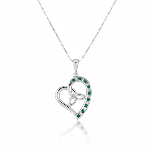 Sterling Silver Heart Pendant with Trinity and Green CZ - Irish Gifts