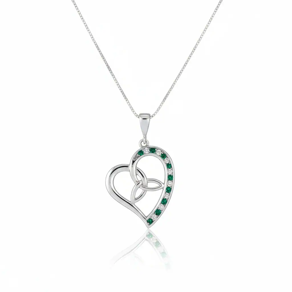 Sterling Silver Heart Pendant with Trinity and Green CZ - Irish Gifts