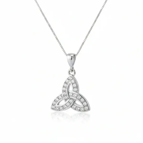 Sterling Silver Trinity Knot Necklace with White CZ Stones - Irish Gifts